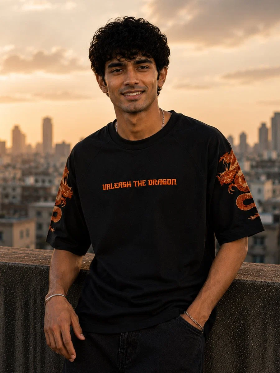 Unleash the Dragon Embroidered Oversized T-Shirt – Black